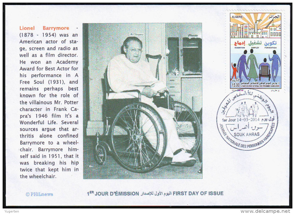 ALGERIE ALGERIA 2014 - FDC Lionel Barrymore Actor Disabled Handicap Handicapés Behinderten Discapacitados - Cinema