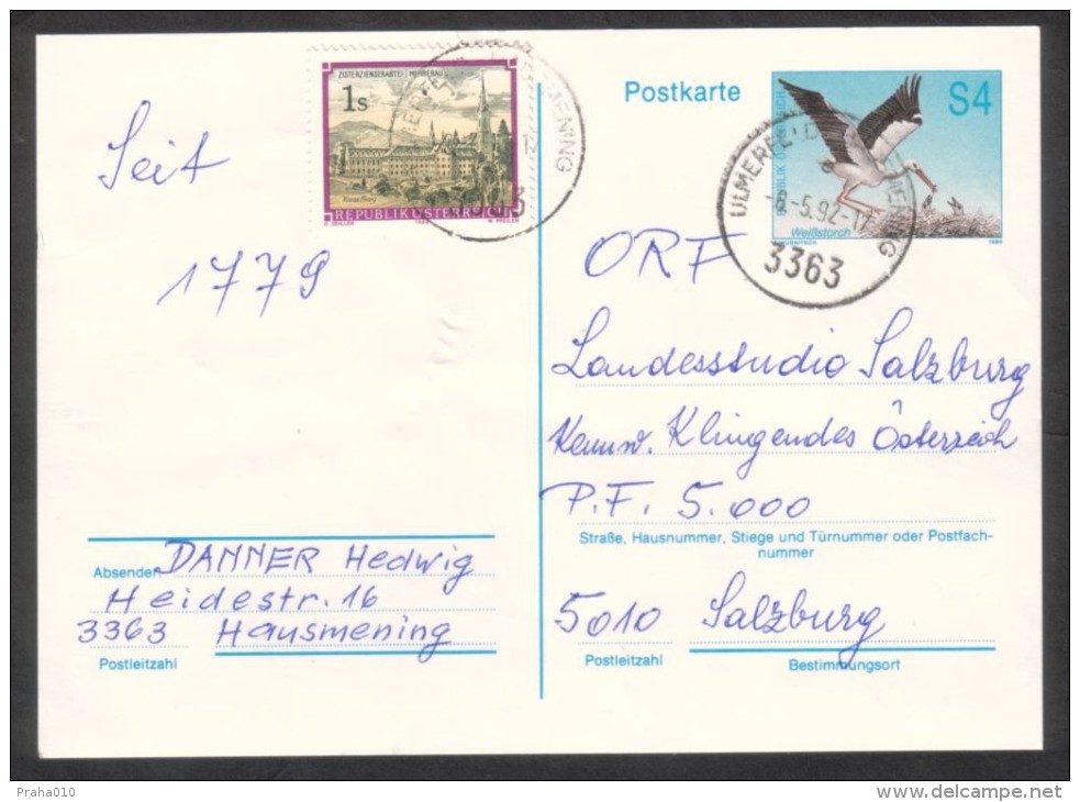 C01644 - Austria / Postal Stationery (1992) 3363 Ulmerfeld-Hausmening; Motive: White Stork (Ciconia Ciconia) - Picotenazas & Aves Zancudas