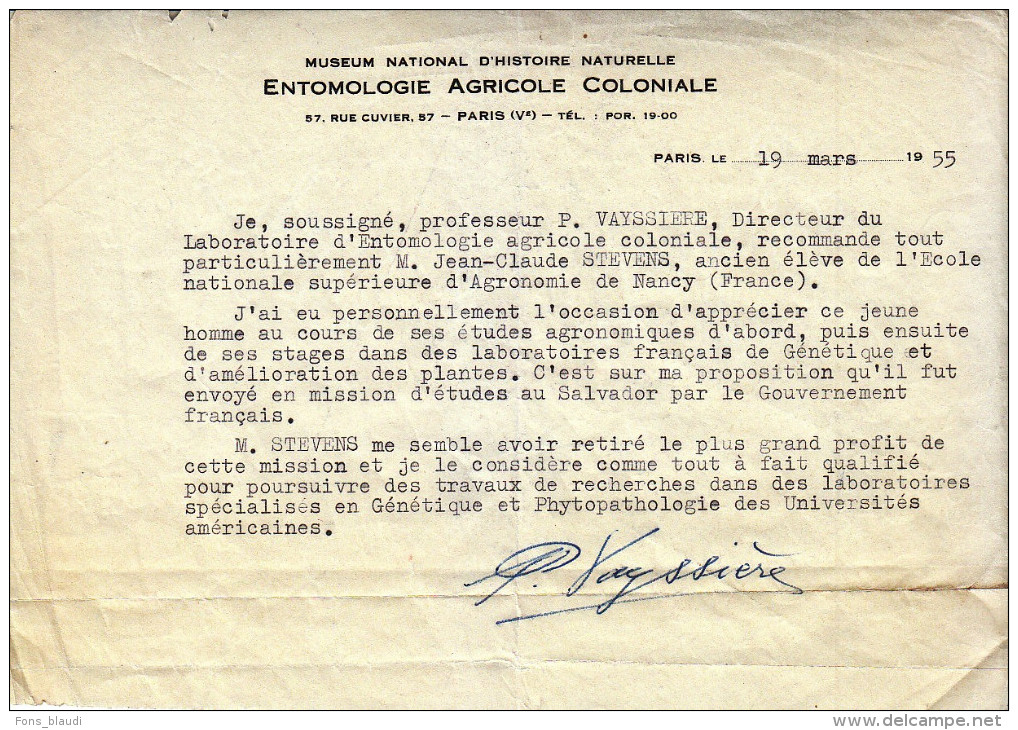 Archives Jean Claude STEVENS (1924 - ?) - Recommandations Du Pr Vayssières - FRANCO - Diploma's En Schoolrapporten