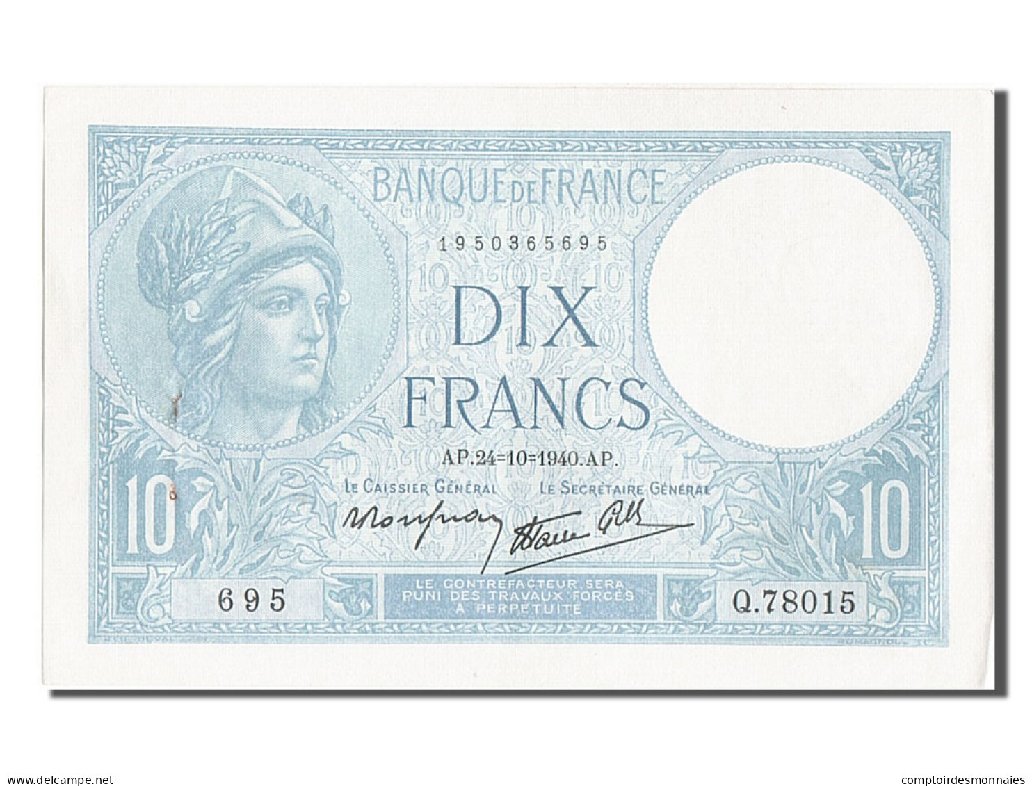 Billet, France, 10 Francs, 10 F 1916-1942 ''Minerve'', 1940, 1940-10-24, SPL - 10 F 1916-1942 ''Minerve''
