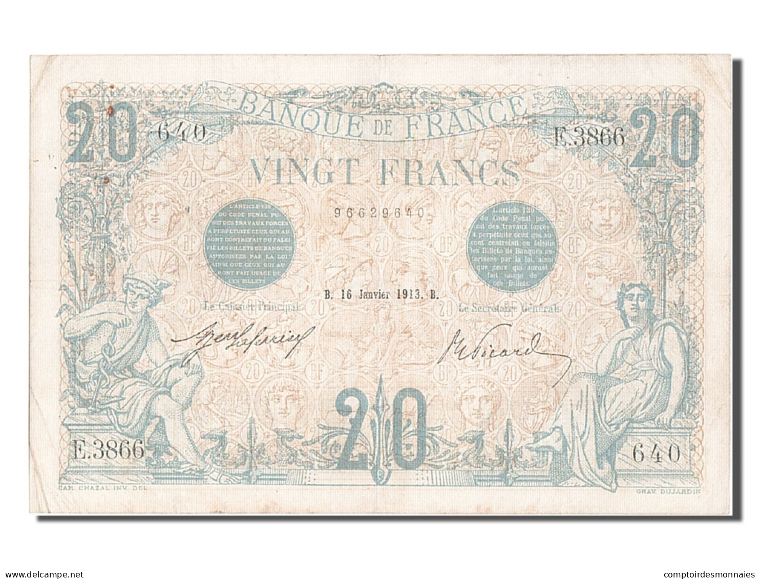 Billet, France, 20 Francs, 20 F 1905-1913 ''Bleu'', 1913, 1913-01-16, TTB+ - 20 F 1905-1913 ''Bleu''