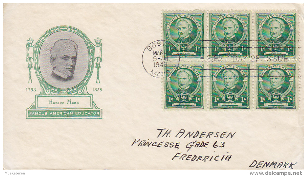 United States Premier Jour Lettre FDC Cover 1940 Horace Mann, Educator 6-Block & Cachet Sent To Denmark - 1851-1940