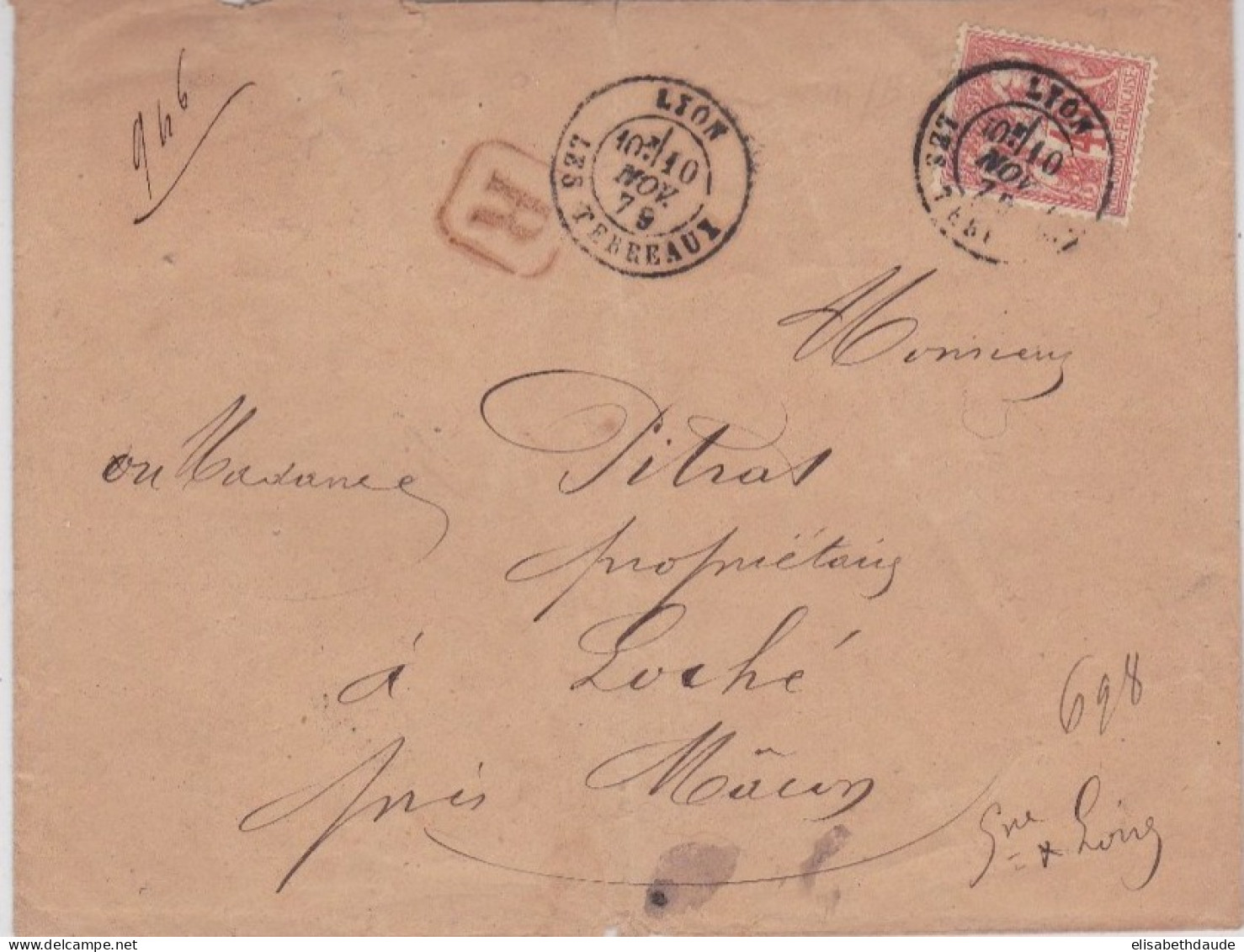 1879 -  SAGE N/B - 40c SEUL Sur ENVELOPPE RECOMMANDEE De LYON Pour MACON - 1876-1878 Sage (Type I)