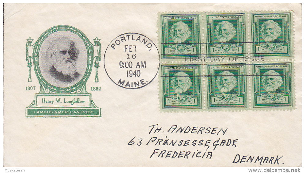 United States Premier Jour Lettre FDC Cover 1940 Henry W. Longfellow, Poet 6-Block & Cachet Sent To Denmark - 1851-1940