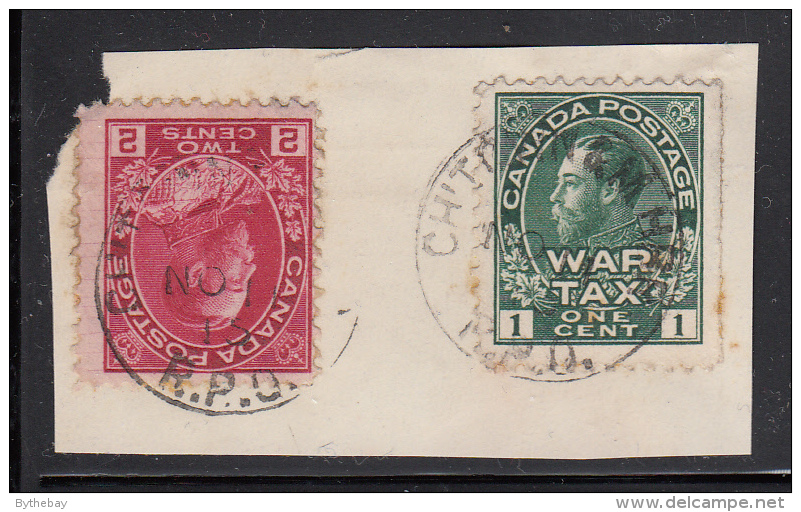 Canada Used Scott #MR1, #106 1c Admiral War Tax, 2c Admiral On Piece, Cancel: ´CH´TOWN & M. HBR. R.P.O. NO 11 16? - War Tax