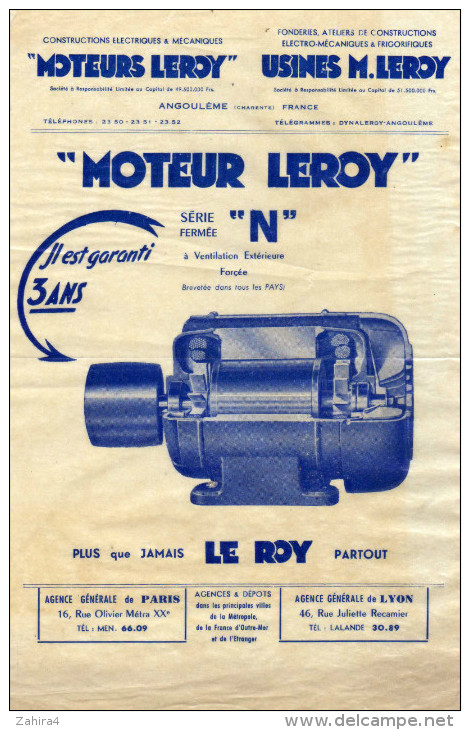 Moteurs LEROY  Usines M. LEROY  Angoulème (Charente) - Serie Fermée N - - Publicités