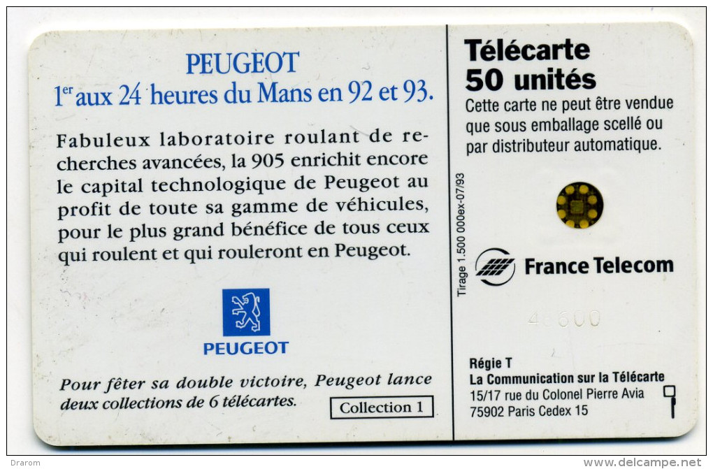 Télécarte 50 Unites Peugeot 905 1 Voiture 5 N° GE "0" à L'envers (N° 46600) - Unclassified