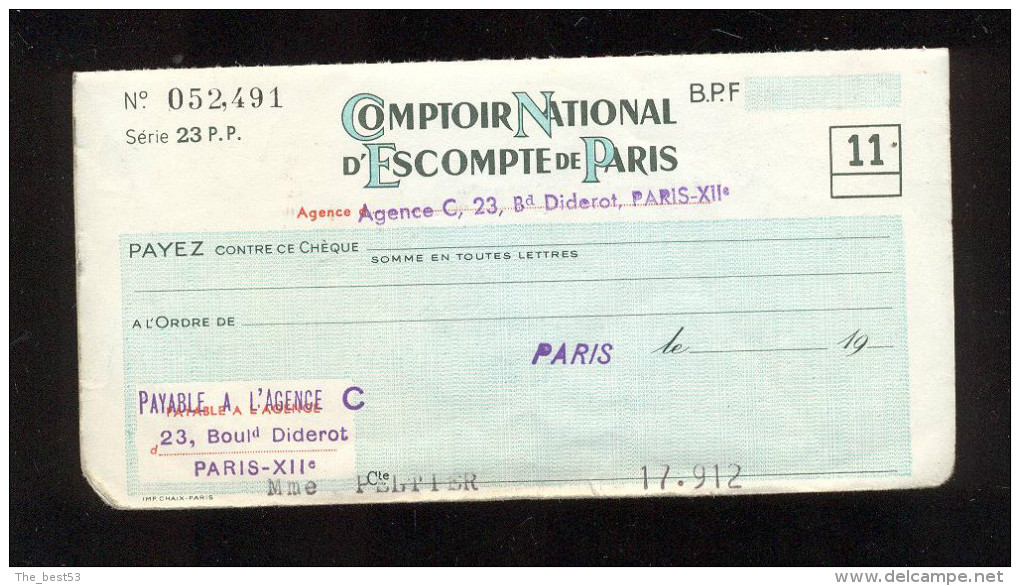 Chèque Du Comptoir National D´Escompte De Paris  -  23 Rue Diderot Paris  XII ème  -  Année 40/50 - Cheques En Traveller's Cheques