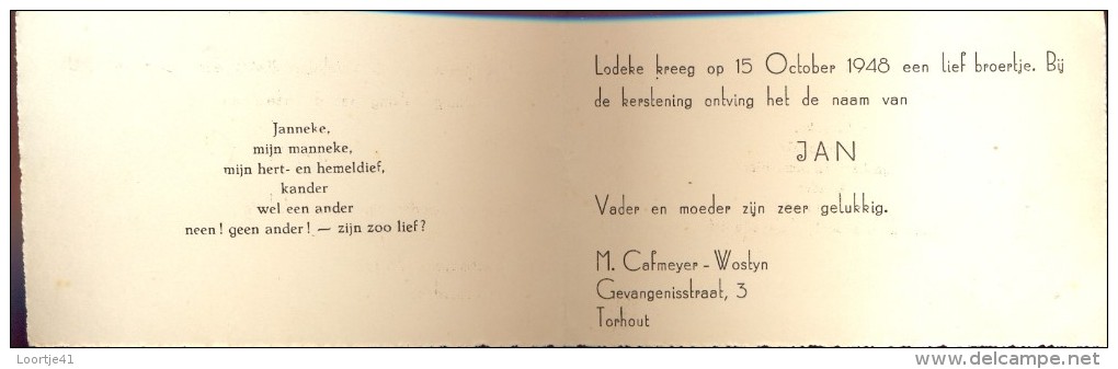 Devotie Geboortekaartje Jan Cafmeyer Torhout 15 Okt. 1948 - Geboorte & Doop