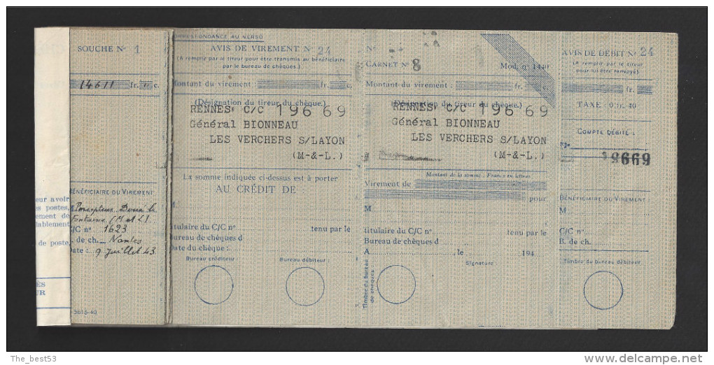 Carnet De Chèques (Reste 1) Des Chèques Postaux -  Au Nom Du Général Bionneau  Les Verchers Sur Layon (49) 1940 - Schecks  Und Reiseschecks
