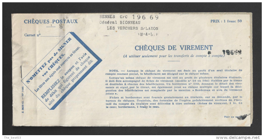 Carnet De Chèques (Reste 1) Des Chèques Postaux -  Au Nom Du Général Bionneau  Les Verchers Sur Layon (49) 1940 - Cheques En Traveller's Cheques