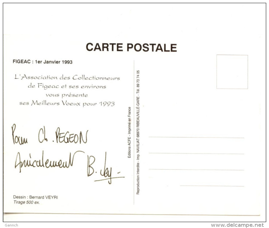 BERNARD VEYRI CARTE DEDICACE FIGEAC 2 SCANN RECTO VERSO - Veyri, Bernard