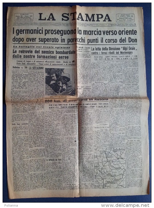 C1392 - Giornale LA STAMPA 7 Luglio 1942 - GUERRA/TEDESCHI VERSO ORIENTE/BATTAGLIA FRONTE EGITTO/AVANZATA IN RUSSIA - Italian