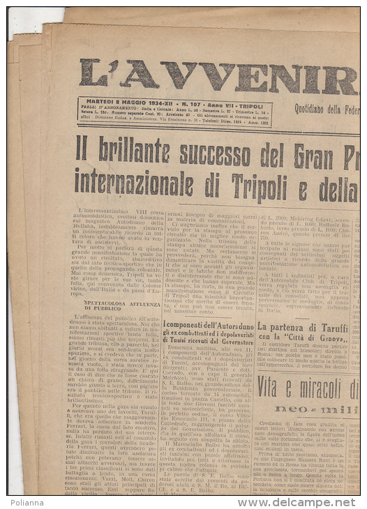 C1393- Giornale L'AVVENIRE DI TRIPOLI 5 Maggio 1934 - GUERRA/GRAN PREMIO AUTOMOBILISTICO TRIPOLI E LOTTERIA DEI MILIONI - Automobile - F1