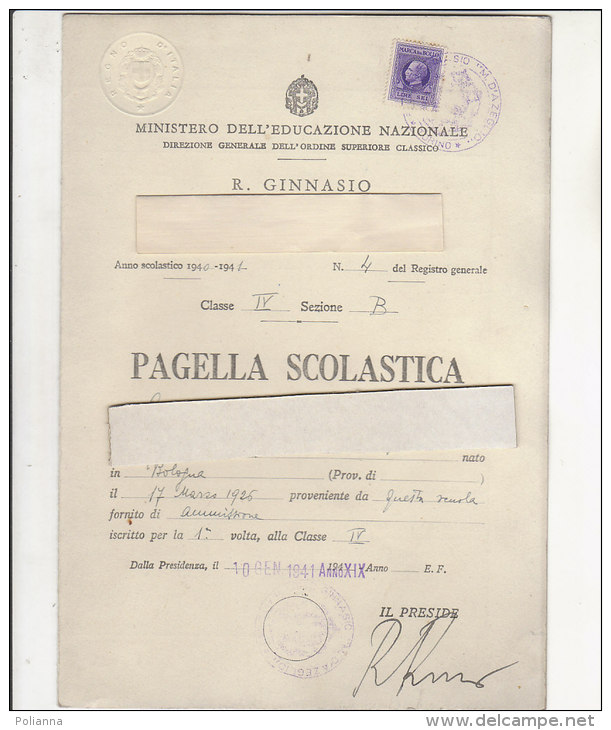 C1451 - PAGELLA SCOLASTICA SCUOLA - R.GINNASIO - MASSIMO D'AZEGLIO - TORINO - 1940/1941 - Marca Da Bollo Regno &pound;6 - Diploma's En Schoolrapporten
