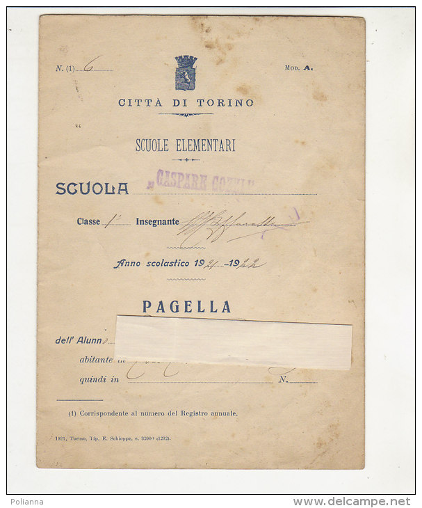 C1452 - PAGELLA SCOLASTICA SCUOLA ELEMENTARE GASPARE GOZZI - TORINO - 1921/1922 - Diploma's En Schoolrapporten