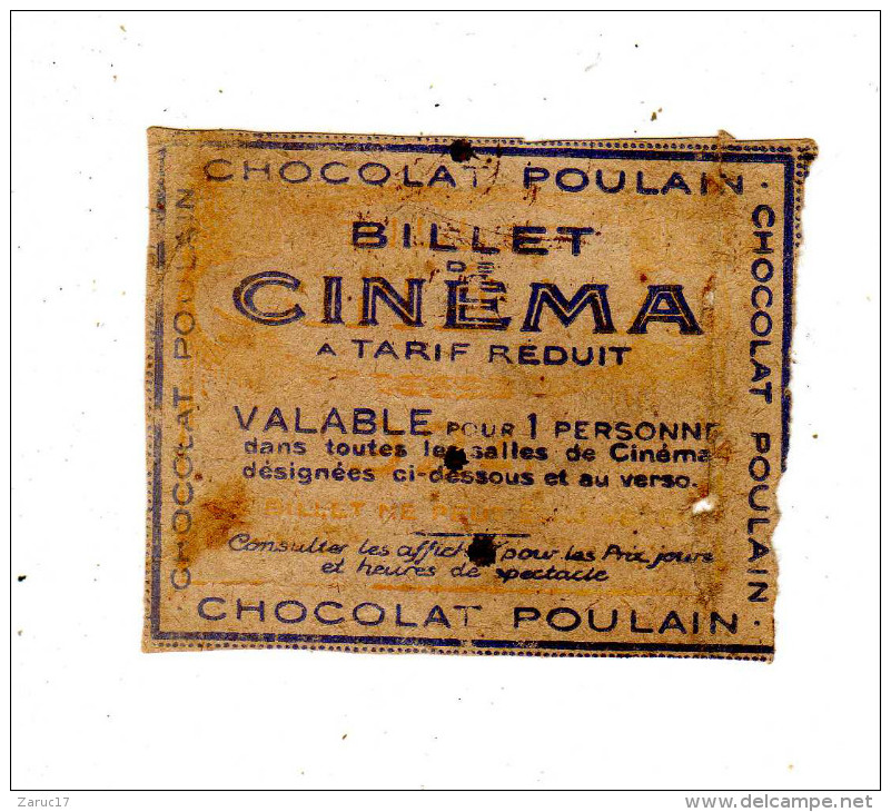 UN  BILLET CINEMA  CHOCOLAT POULAIN TARIF REDUIT - Biglietti D'ingresso