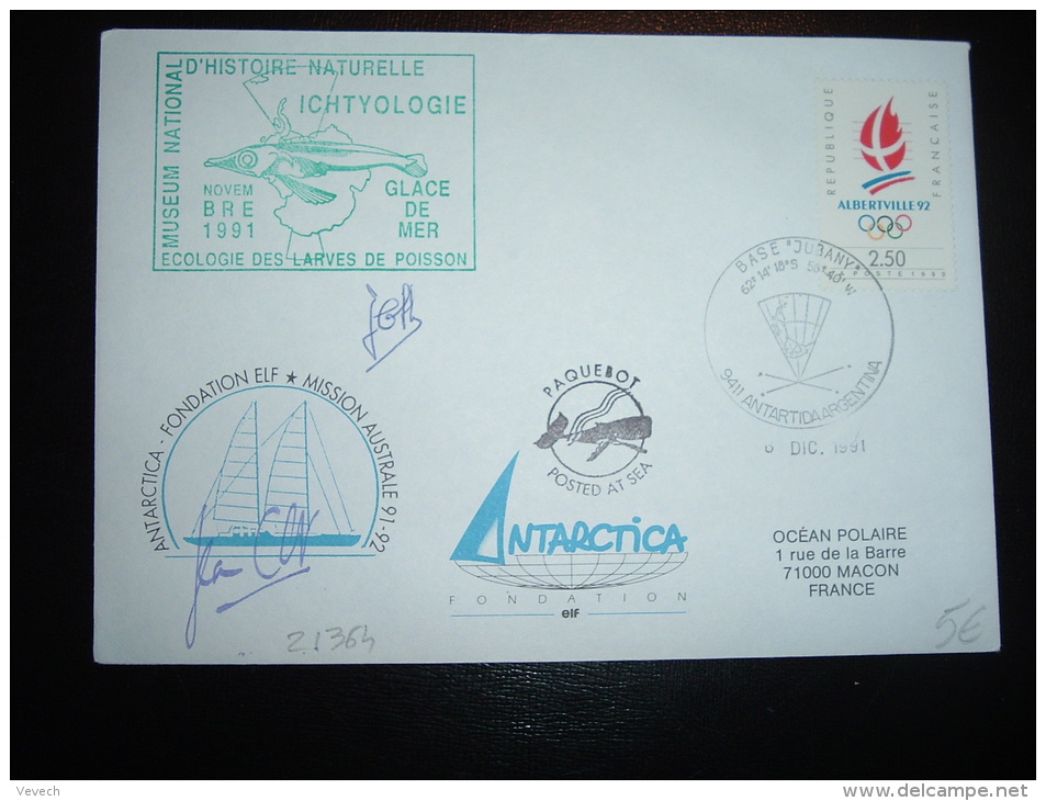 LETTRE TP ALBERTVILLE 92 2,50F OBL. 6 DIC 1991 BASE "JUBANY" 9411 ANTARTIDA ARGENTINA + PAQUEBOT POSTED AT SEA - Other & Unclassified