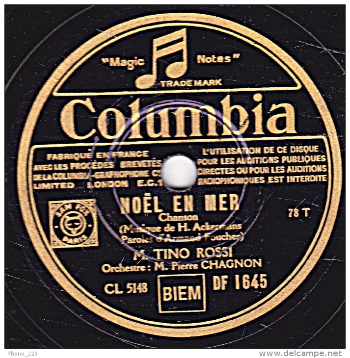 78 Trs - Columbia DF 1645 - état TB - TINO ROSSI - NOËL EN MER - VENISE ET BRETAGNE - 78 Rpm - Schellackplatten