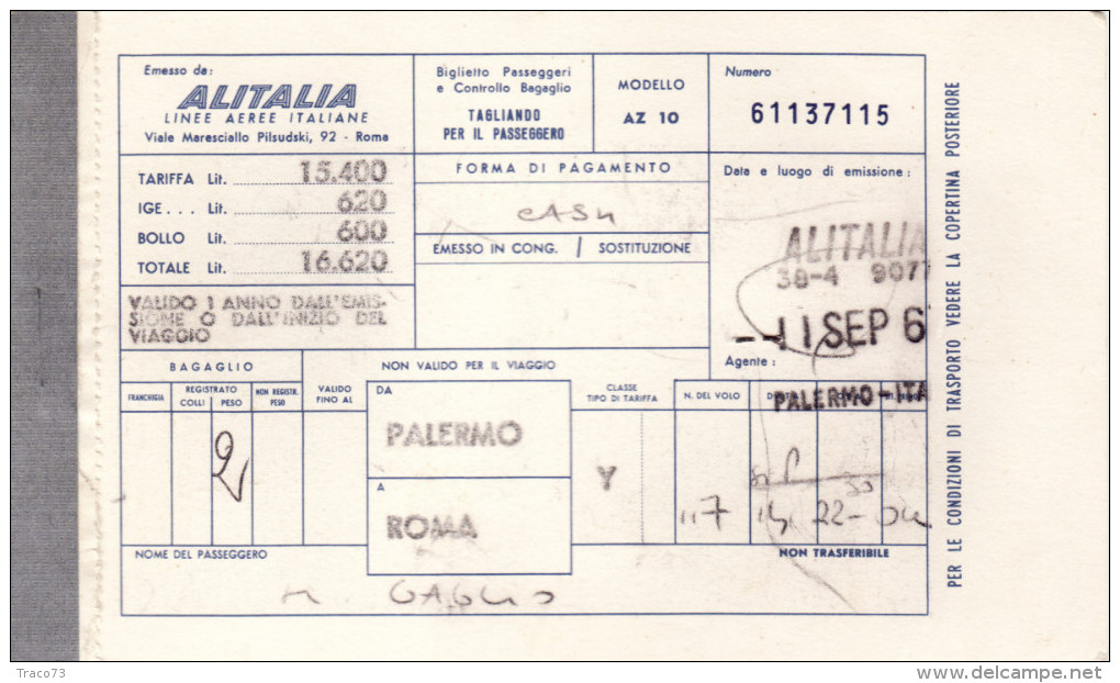 ALITALIA   /   PALERMO-ROMA _ Ticket -  Biglietto Aereo - Carta D'imbarco - Europa