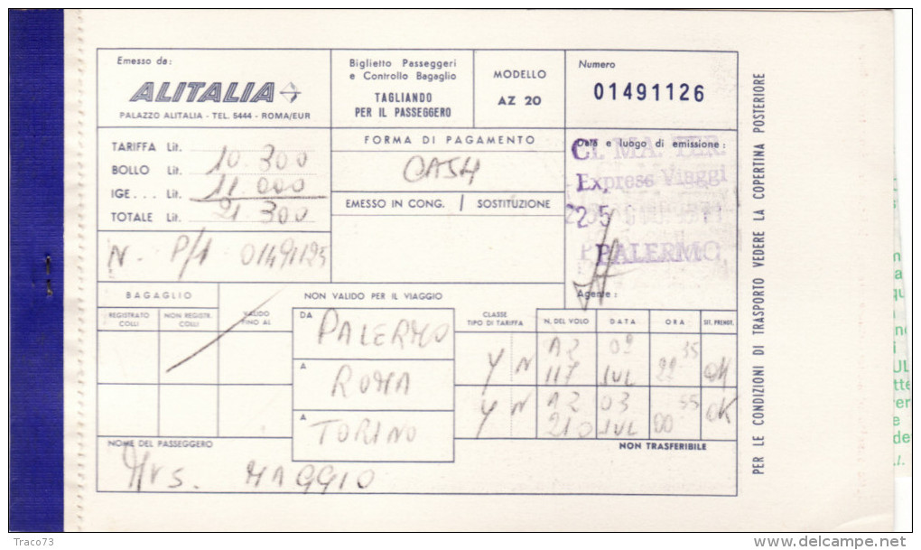 ALITALIA   /   PALERMO-ROMA-TORINO  _ Ticket -  Biglietto Aereo - Carta D´imbarco - Europa