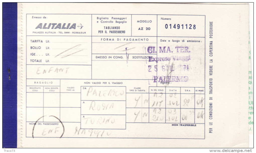 ALITALIA   /   PALERMO-ROMA-TORINO  _ Ticket -  Biglietto Aereo - Carta D´imbarco - Europa