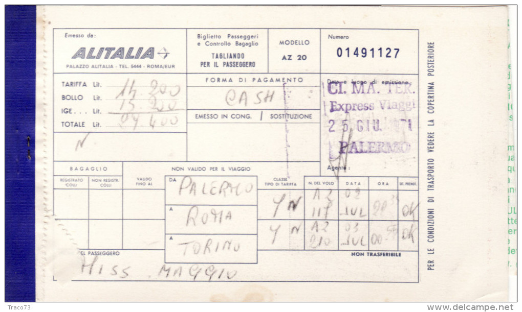 ALITALIA   /   PALERMO-ROMA-TORINO  _ Ticket -  Biglietto Aereo - Carta D´imbarco - Europa