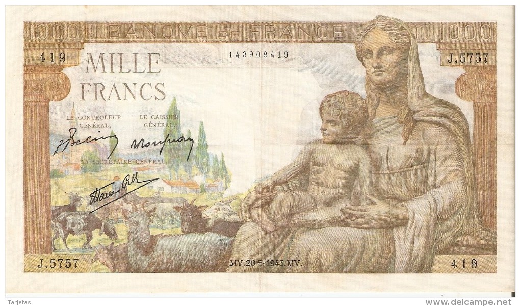 BILLETE DE FRANCIA DE 1000 FRANCS DEL 20-5-1943 MUY BUENA CALIDAD  (BANKNOTE) RARO - 1 000 F 1942-1943 ''Déesse Déméter''