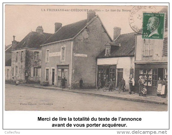 Cpa : LA FRESNAYE-SUR-CHÉDOUET, Bas Du Bourg, Belle Animation, Commerces, 1925. Voir Description Détaillée. - La Fresnaye Sur Chédouet