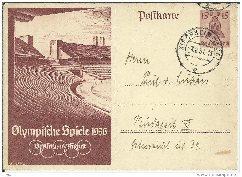 ALEMANIA ENTERO POSTAL OLIMPIADAS DE BERLIN 1936 CIRCULADO MAT KIRCHHEIM - Ete 1936: Berlin