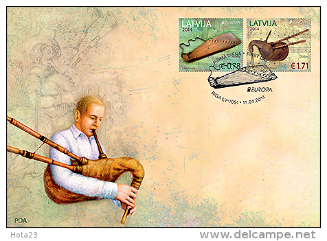 Latvia 2014 Europe CEPT   The National Musical Instruments - ( KOKLE ) Lute , Bagpipes  FDC - 2014