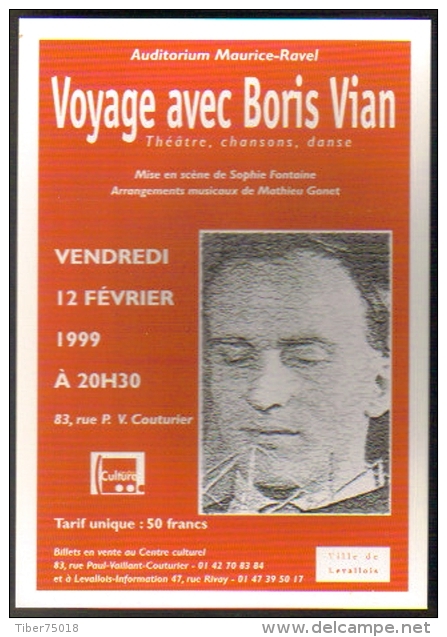 Carte Postale édition "Carte à Pub" - Voyage Avec Boris Vian (Théâtre, Chansons, Danse) Levallois - Advertising