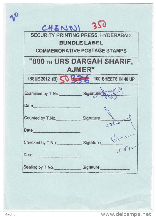 Security Printing Press Packing Slip Of  800th URS Of Dargah Sharif, Ajmer, Islam Religion - Islam