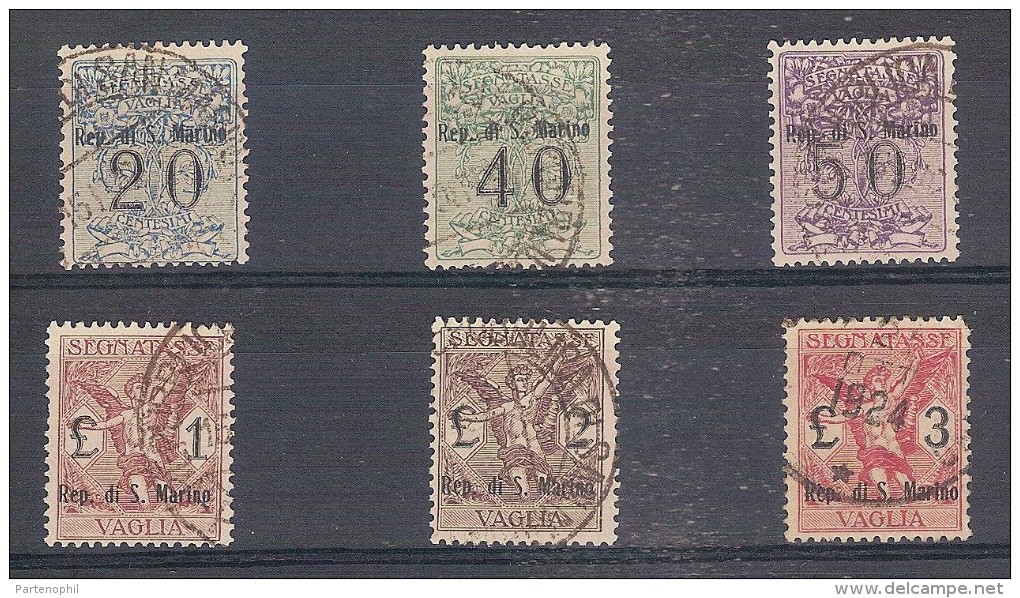 1924 SAN MARINO SEGNATASSE PER VAGLIA (Sassone N. 1/6) USATI CAT. 6650,00 CERT. E. DIENA  - CHIAVARELLO - Postage Due