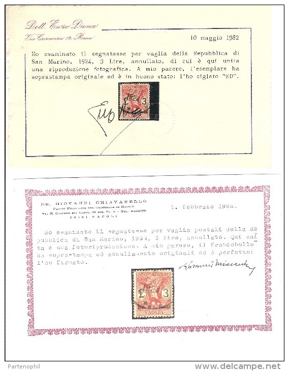 1924 SAN MARINO SEGNATASSE PER VAGLIA (Sassone N. 1/6) USATI CAT. 6650,00 CERT. E. DIENA  - CHIAVARELLO - Impuestos