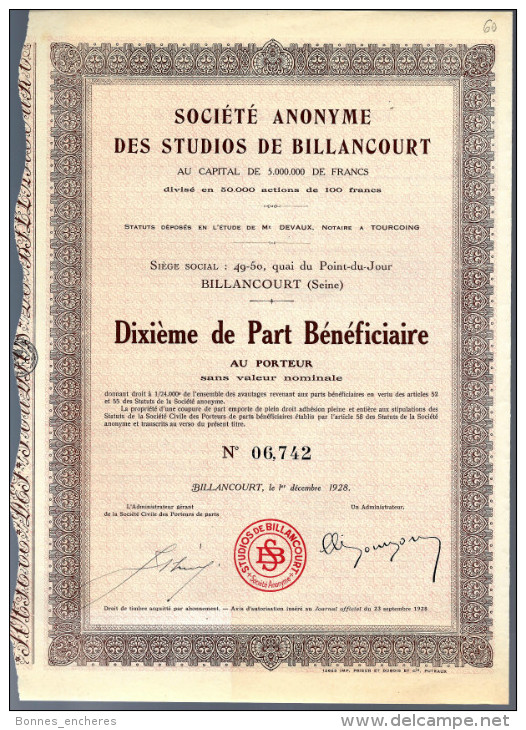 RARE ACTION PART BENEFICIAIRE  STUDIOS DE BILLANCOURT  (Seine)  CINEMA  BE V.DESCRIPT. SCANS+HISTORIQUE - Cinéma & Théatre