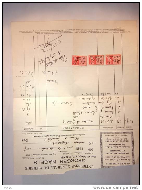 Facture Et Timbres Fiscaux. Mons. Vitrerie Georges Nagels. 1937. - 1900 – 1949