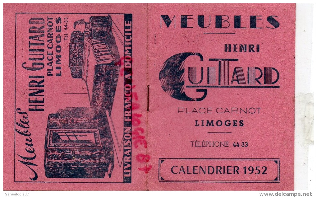 87 - LIMOGES - CALENDRIER MEUBLES HENRI GUITARD 1952- PLACE CARNOT - AVEC LISTE DEPARTEMENTS ET IMMATRICULATIONS VOITURE - Klein Formaat: 1941-60