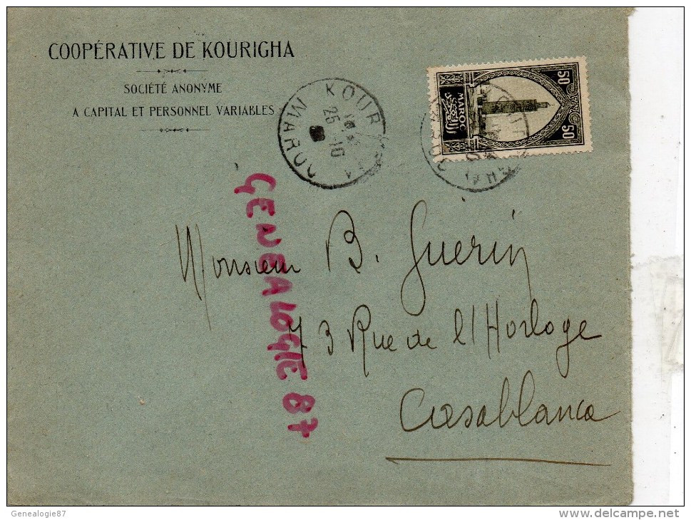 MAROC - ENVELOPPE COOPERATIVE DE KOURIGHA - 1938- M. GUERIN 73 RUE HORLOGE  A CASABLANCA - Other & Unclassified