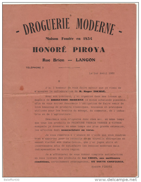 Gironde, Langon, Droguerie Moderne H. Piroya, Nouvel Associé 1930 (2 Scans) - 1900 – 1949