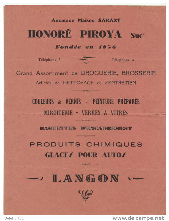 Gironde, Langon, Droguerie Moderne H. Piroya, Nouvel Associé 1930 (2 Scans) - 1900 – 1949