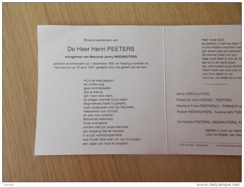 Doodsprentje Henri Peeters Antwerpen 1/12/1931 Nieuwpoort 16/4/1997 ( Jenny Weewauters ) - Religione & Esoterismo