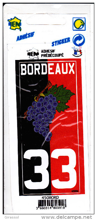 STICK AUTOCOLLANT BORDEAUX DEPARTEMENT 33 ADHESIF NEM - Obj. 'Souvenir De'