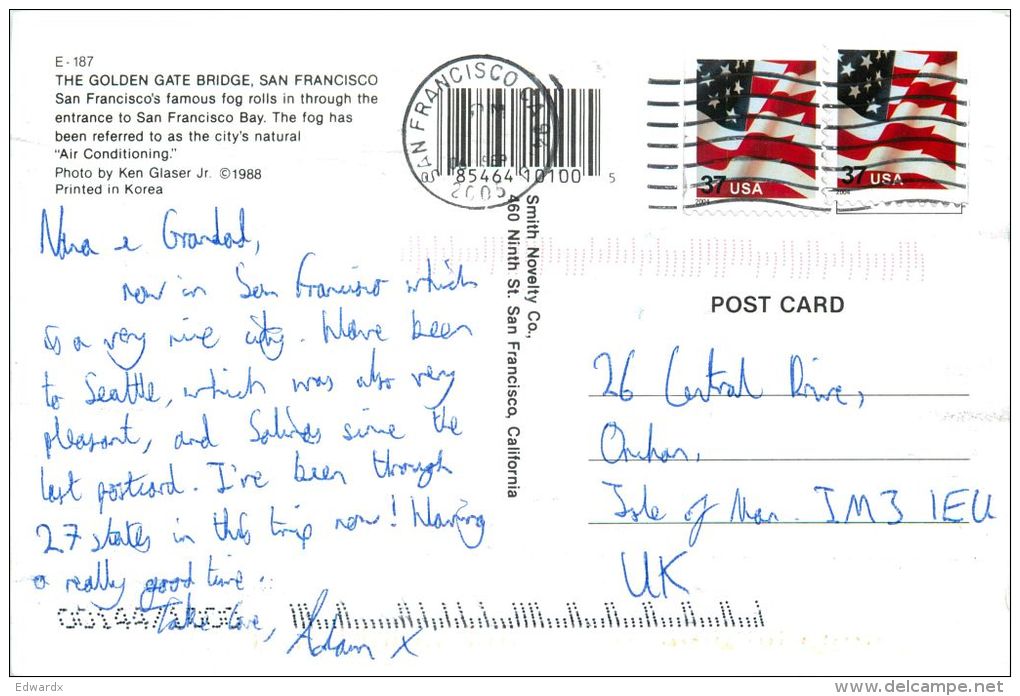 Golden Gate Bridge, San Francisco, California CA, United States USA US Postcard Used Posted To UK 2005 Stamp - San Diego