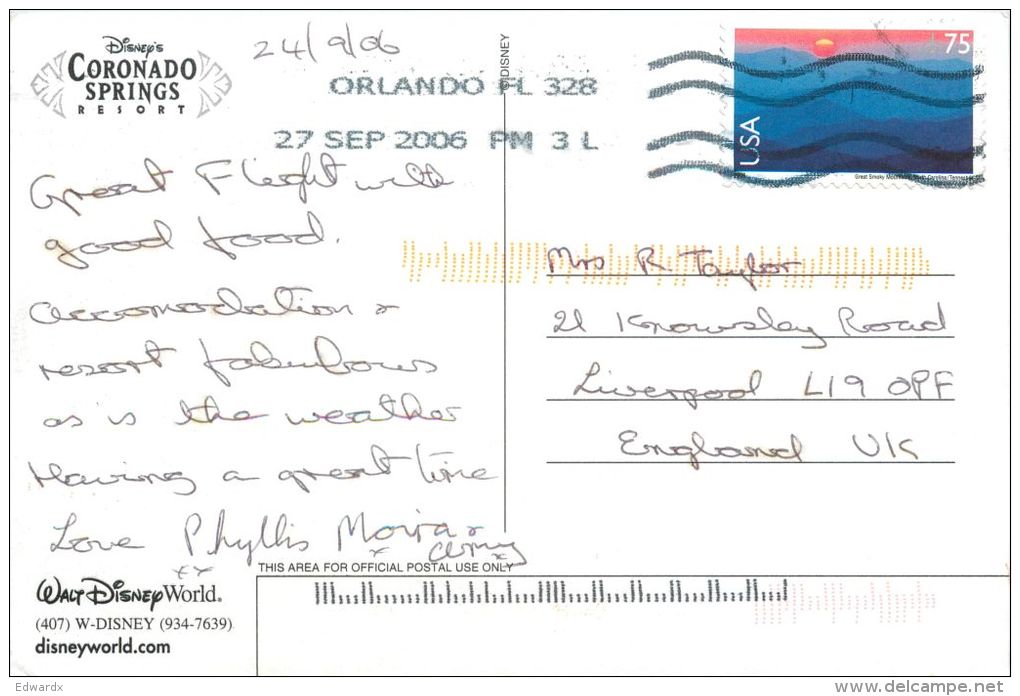 Coronado Springs Resort Hotel, DisneyWorld, Florida USA Postcard Used Posted To UK 2006 Stamp - Disneyworld