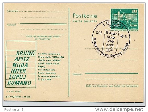 Esperanto Bruno Apitz  DDR P79-36b-80 C135-b Postkarte PRIVATER ZUDRUCK Leipzig Sost. 1980 - Esperanto