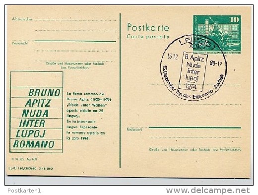 DDR P79-36b-80 C135-b Postkarte PRIVATER ZUDRUCK Esperanto Bruno Apitz Leipzig Sost. 1980 - Private Postcards - Used