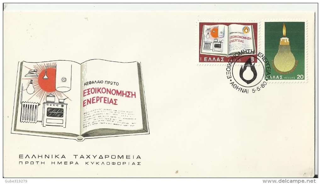 GREECE 1980 – FDC ENERGY CONSERVATION – BOOK & CANDLE IN LIGHTBULB W 2 ST OF 8-20 DR POSTM ATHENS MAY 5,1980 REGRE154 PE - FDC