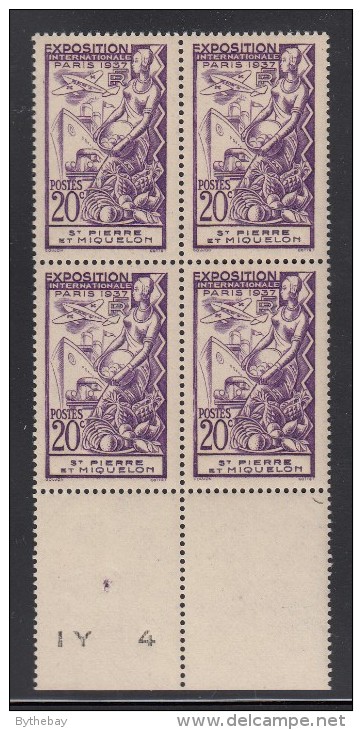 St Pierre Et Miquelon 1937 MNH Sc 165 20c Plane, Car, Ship Paris Int'l Exposition Margin Block - Unused Stamps
