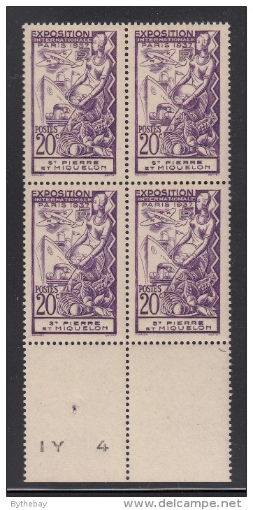 St Pierre Et Miquelon 1937 MNH Sc 165 20c Plane, Car, Ship Paris Int'l Exposition Margin Block - Neufs